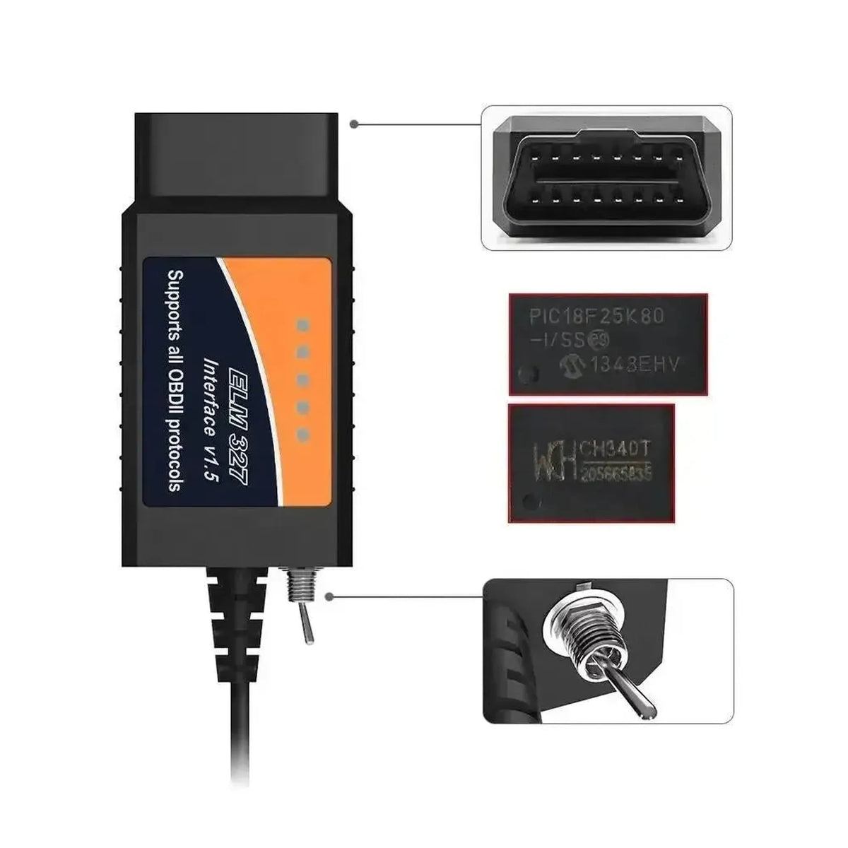 Universaali ELM327 (CHT340) (HS/MS-CAN Switch) | USB-Interfacekaapeli